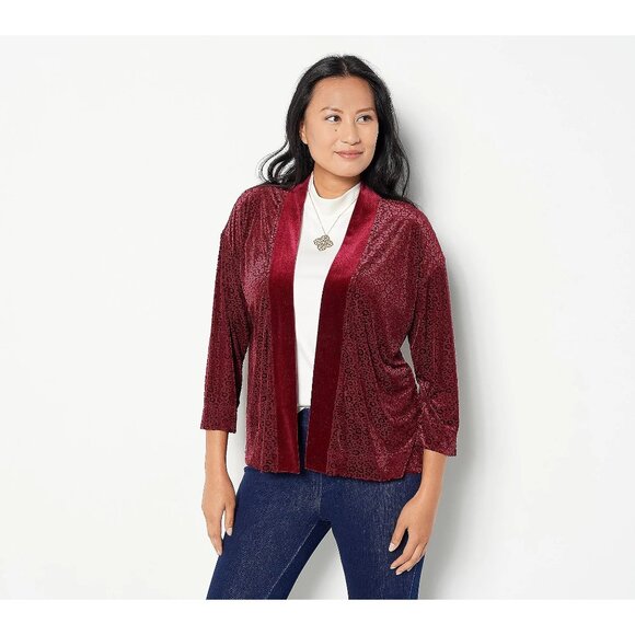 Isaac Mizrahi Live Mixed Media Cardigan Womens 1X Sangria Maroon Nylon Blend NEW - Picture 1 of 9